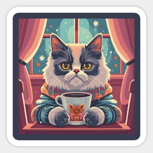 Cute cat having coffee in sweater Sticker